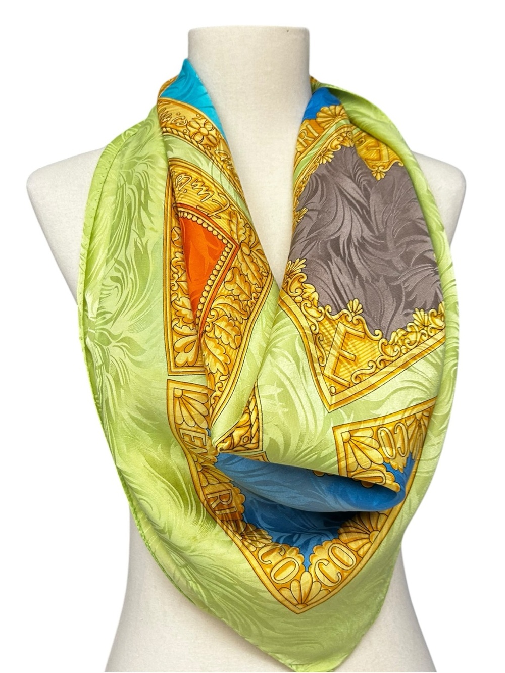 Vintage Enrico Coveri Green Baroque Silk Scarf 34x34 Lime Green Orange Glam